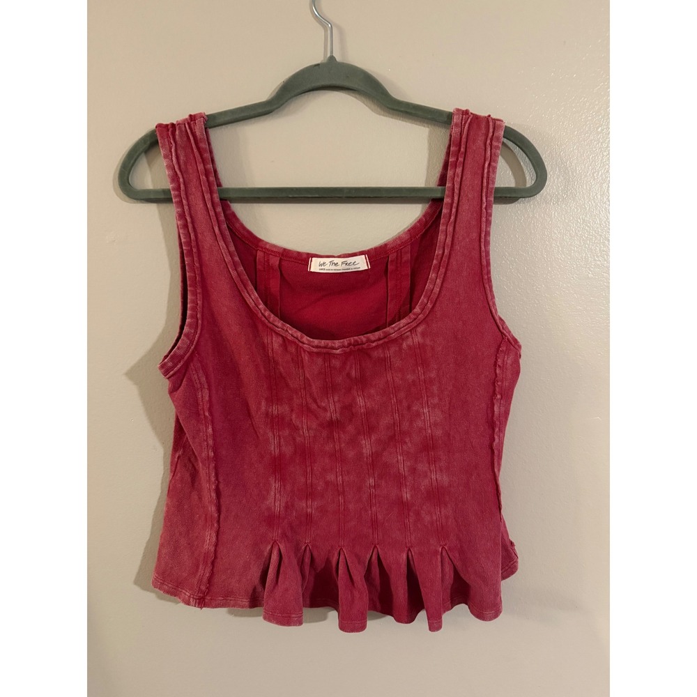 Free People We The Free Red Acid Wash Pleated Peplum Ribbed Tank Top Large